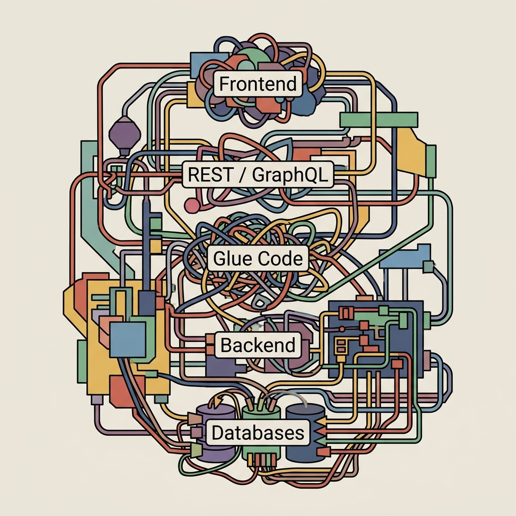 A diagram illustrating the complexity of traditional web development fragmentation.