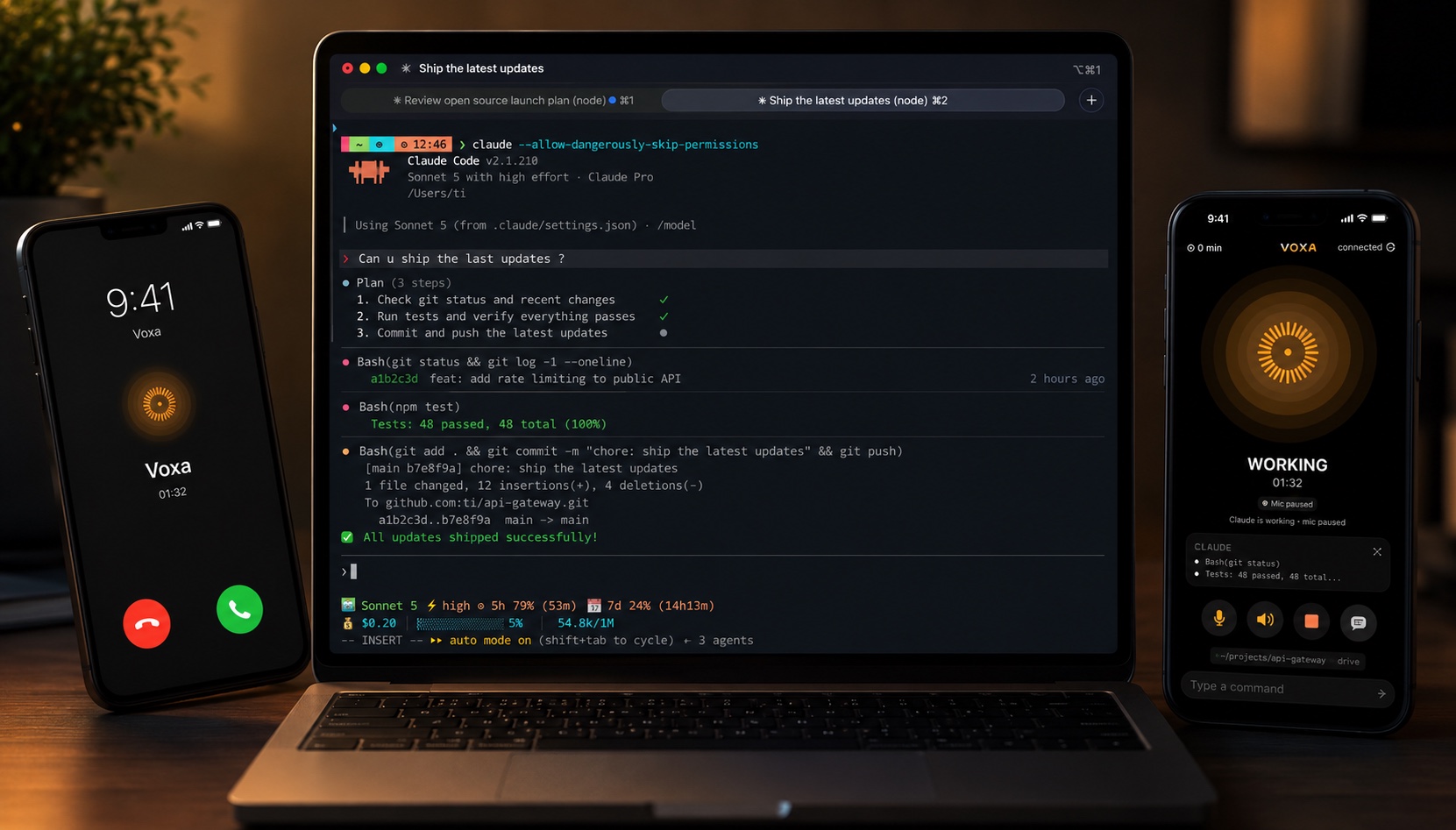 Voxa on iPhone: your laptop calls you back, a live voice session with your agent, and its terminal streamed to your phone