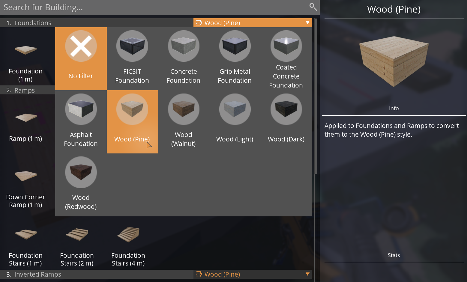 Wood Foundations Material Filter Menu