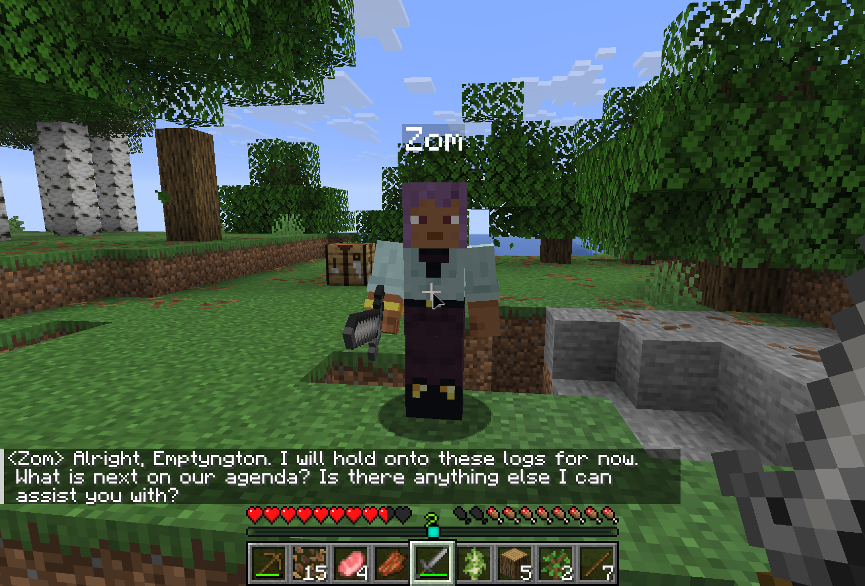 The companion in action — chatting and working in the Minecraft world