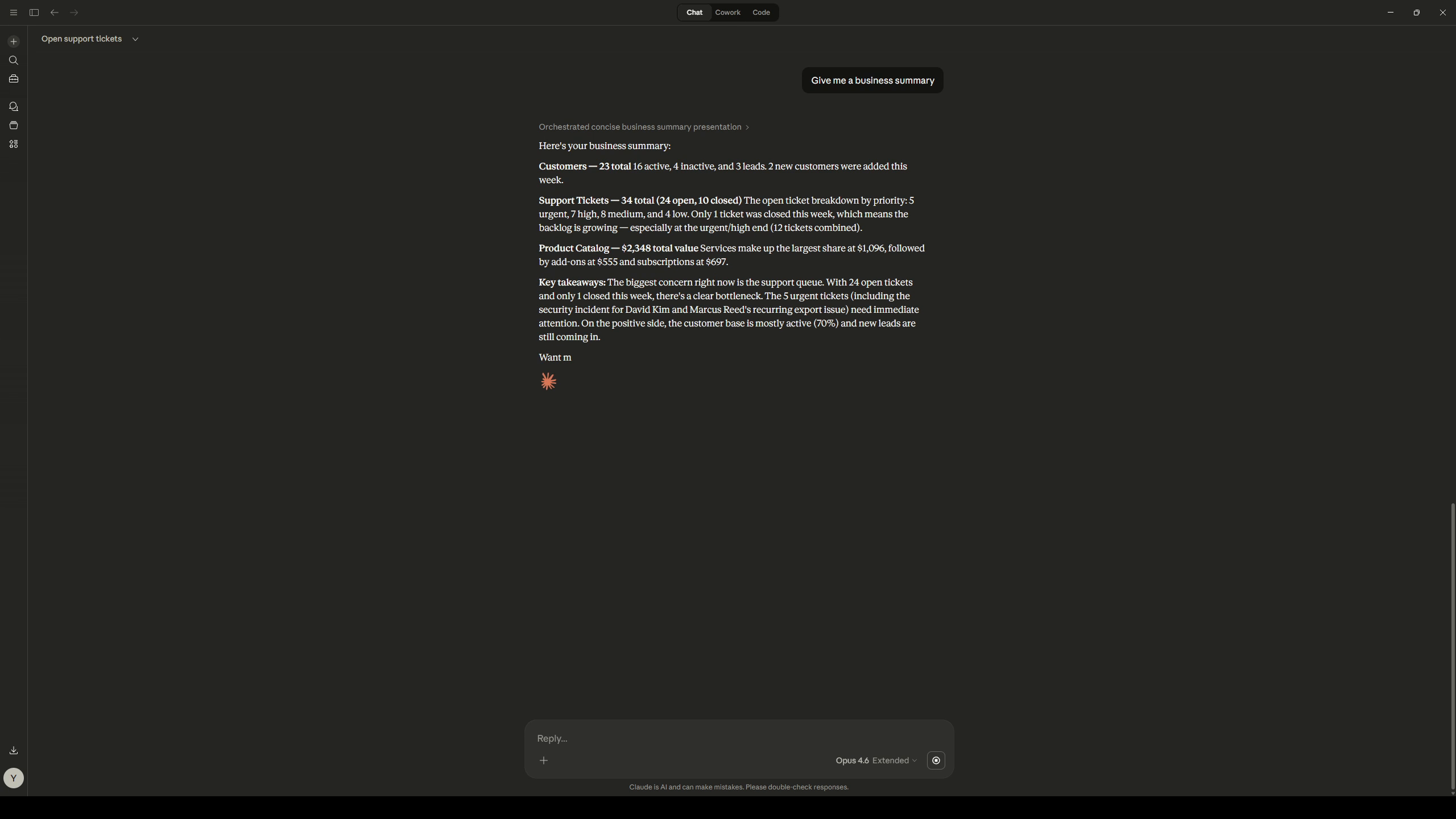 Business summary with customer, ticket, and product stats