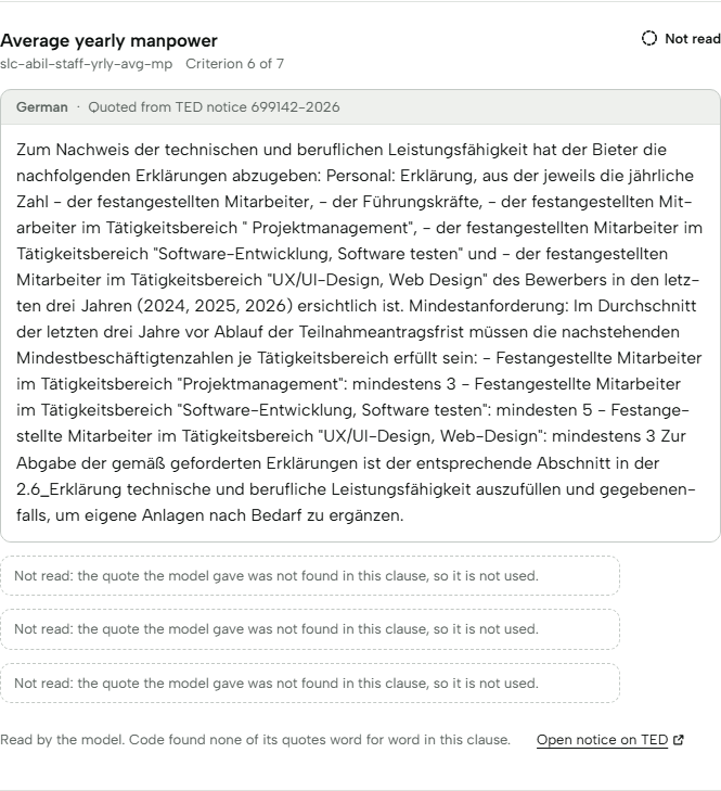 Criterion 6 of notice 699142-2026, a German staff-count clause, with three model quotes refused and the criterion marked "Not read"