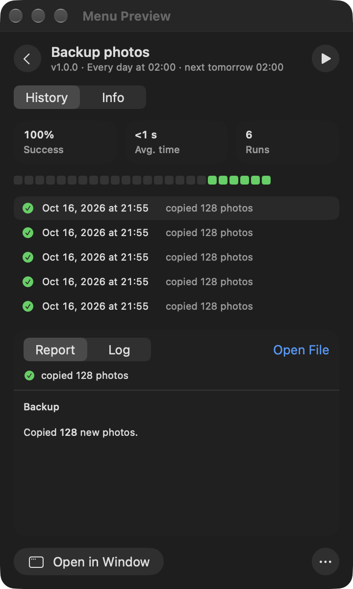 A job's page inside the menu: success rate, recent runs and the selected run's report