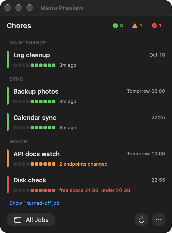 The Chores menu: jobs grouped by category, each with its last runs, status and next run