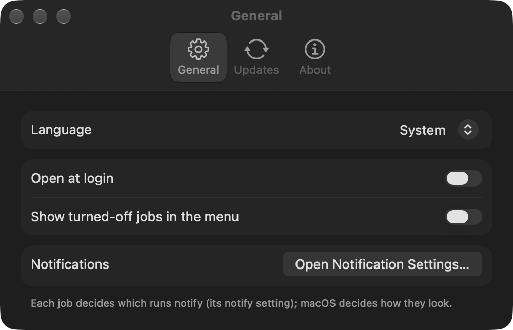 Chores Settings: language, open at login, turned-off jobs in the menu and notification settings