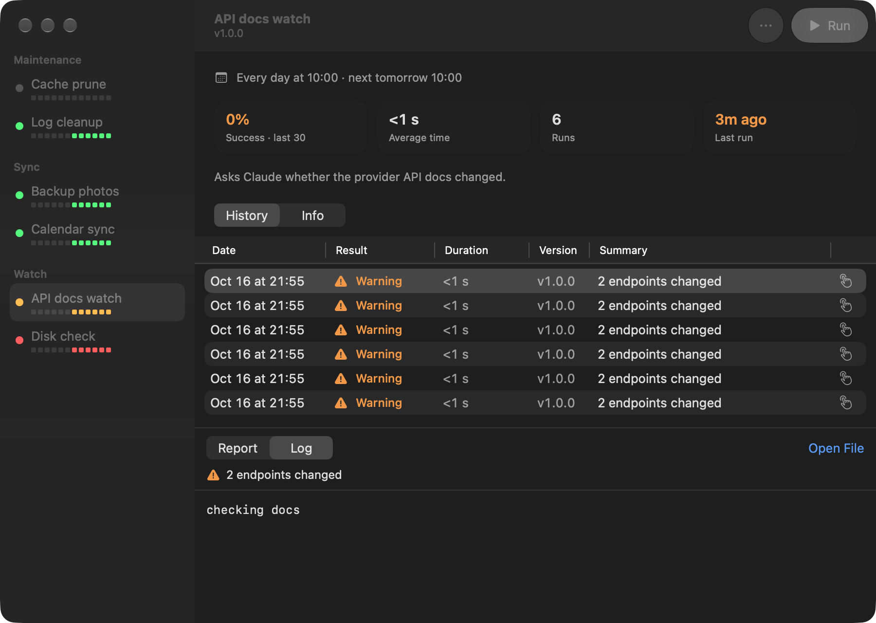The Chores window: sidebar of jobs, a job's stats, its run history and the selected run's log