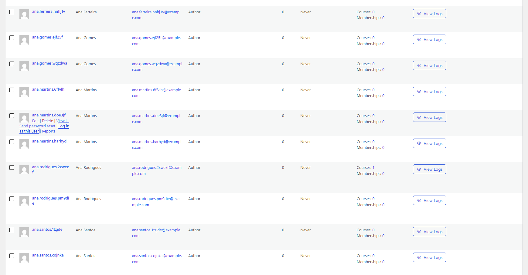 The "Log in as this user" row action on the Users screen