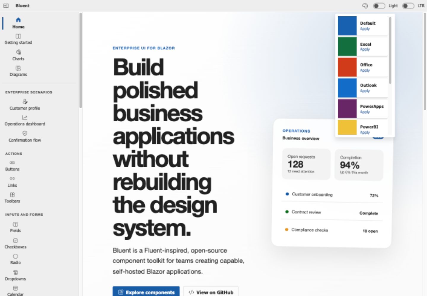 Bluent product landing page in the light theme
