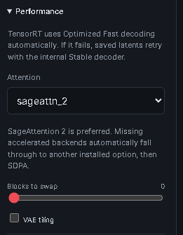 Attention, block swapping, and VAE-tiling controls