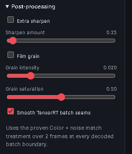 Sharpening, film grain, and seam-smoothing controls