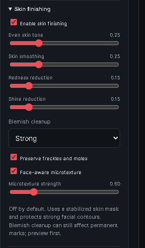 Optional skin-finishing controls