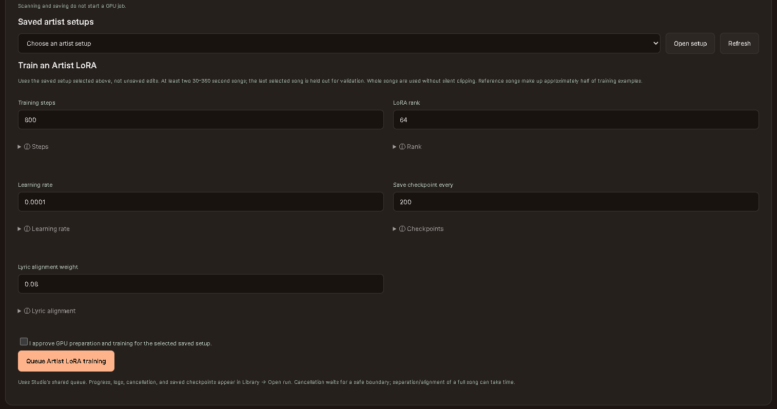 Artist training controls; screenshot values are not the current defaults