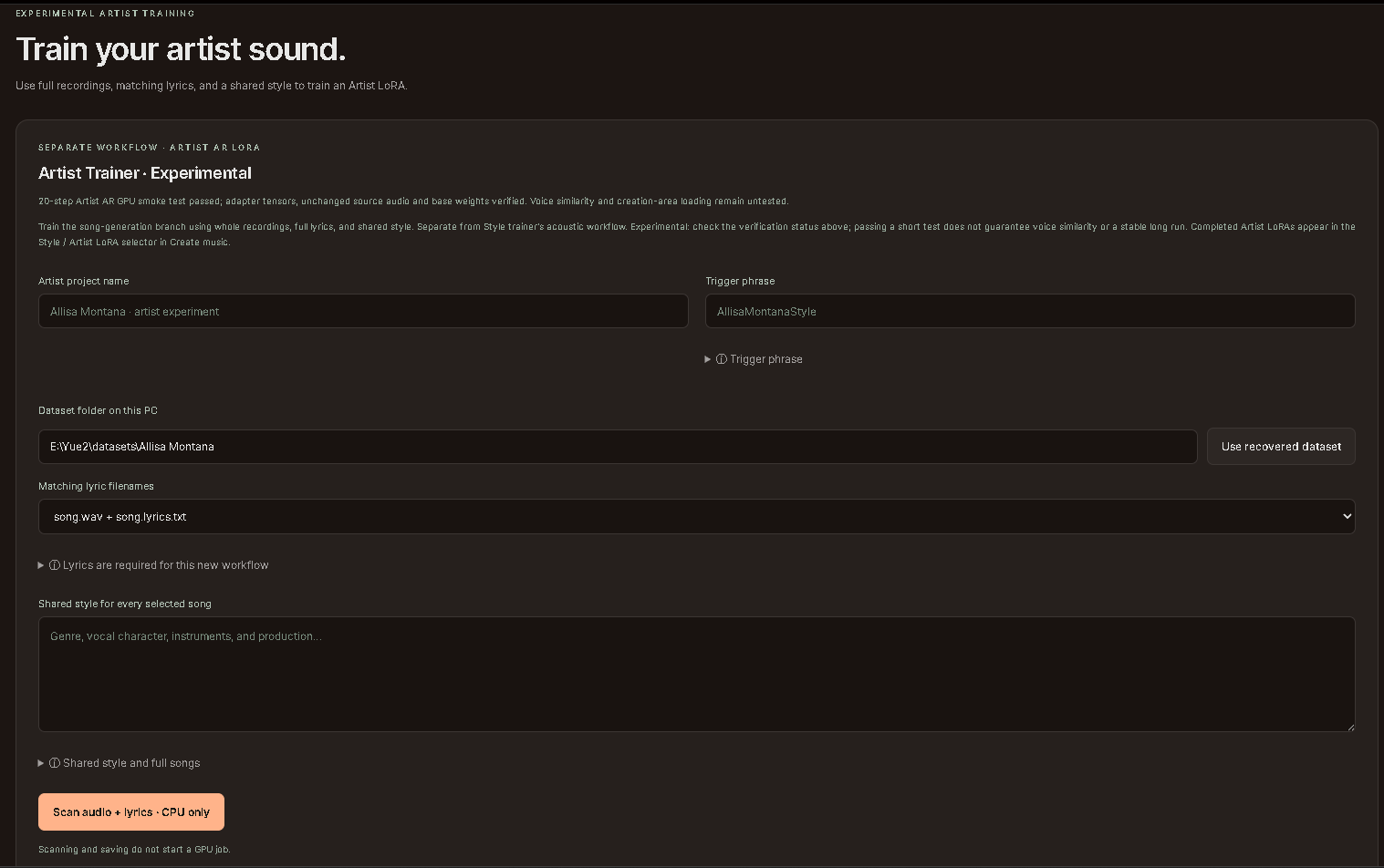 Artist song folder, lyric pairing, trigger and shared style