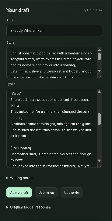 Edit and apply generated lyrics