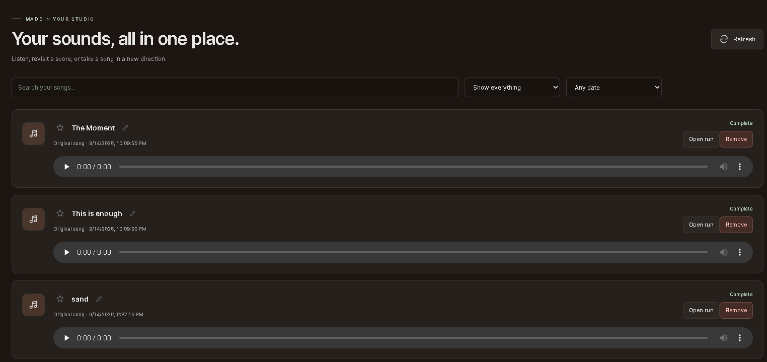 Song library with stars, title editing, search and date filters