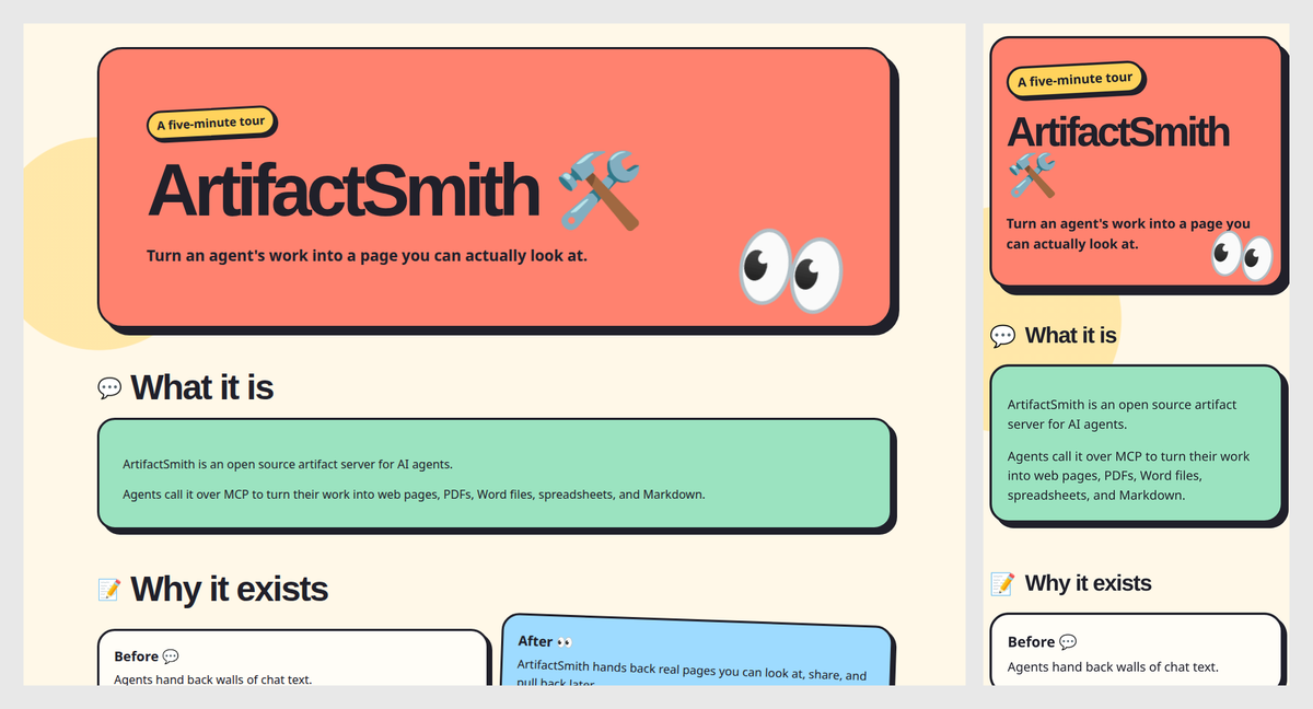 Desktop and phone preview of the playful HTML style: a coral rounded banner, googly-eye accents, and mint chat cards