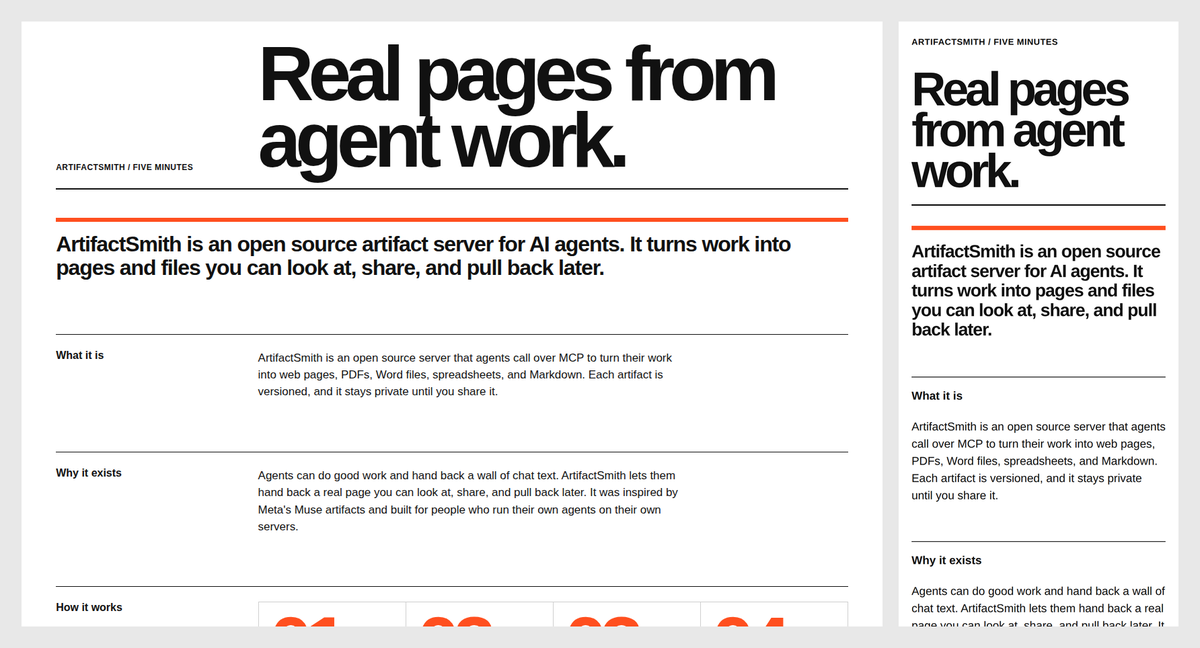 Desktop and phone preview of the swiss HTML style: a huge black headline, an orange rule, and oversized orange numerals