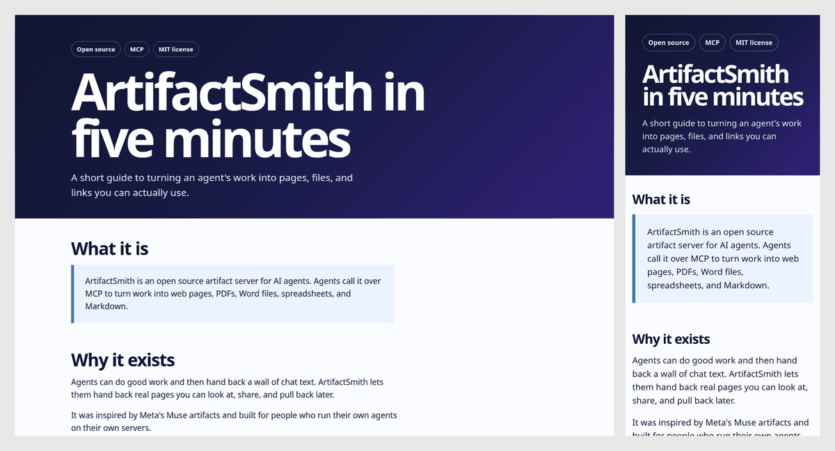Desktop and phone preview of the bold HTML style: a dark gradient hero with a huge headline, then colored step cards