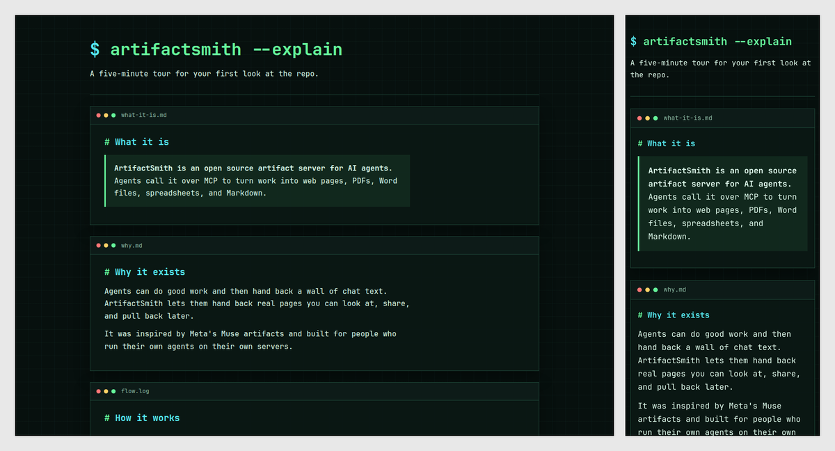Desktop and phone preview of the terminal HTML style: a green shell-prompt headline and dark windows with three title-bar dots