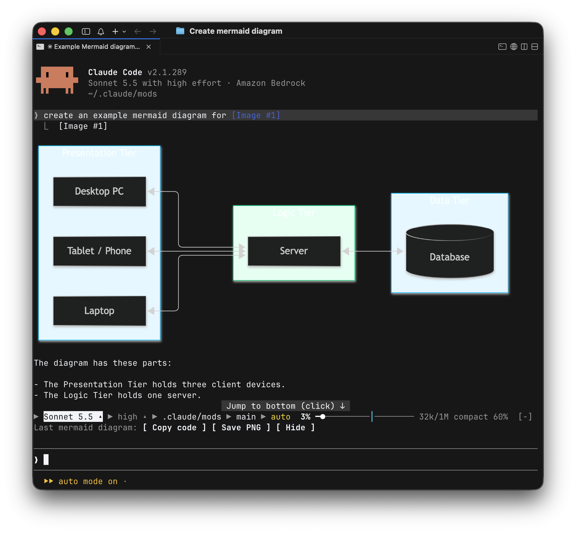 A Mermaid architecture diagram rendered inside Claude Code