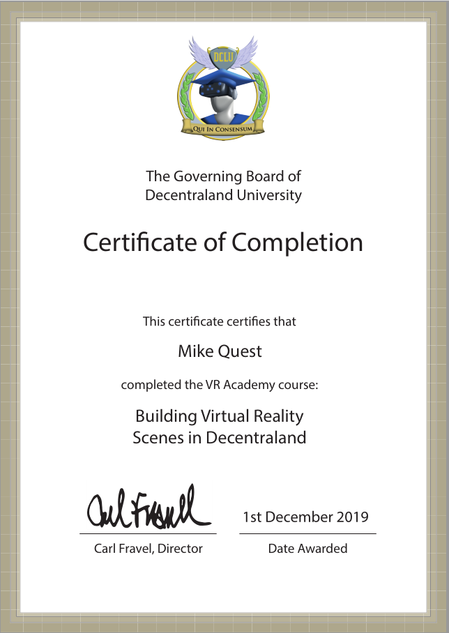 Certificate - Building in Decentraland