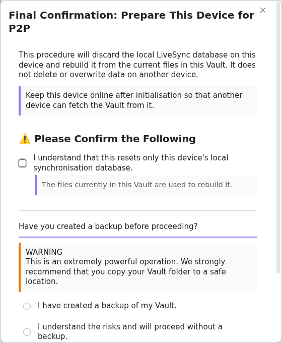 P2P local database confirmation on the first device