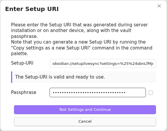 P2P Setup URI from the first device entered on the second device