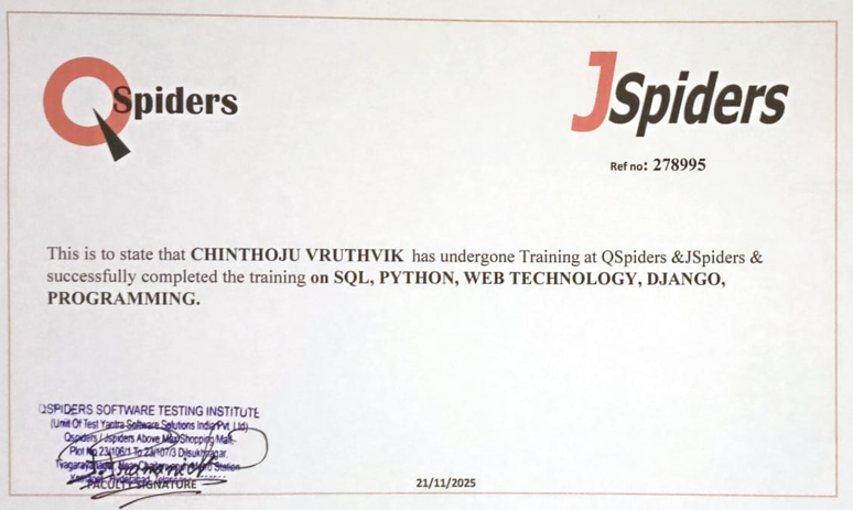 Qspiders Chinthoju Vruthvik - Full Stack Developer | React | Django & DRF ...