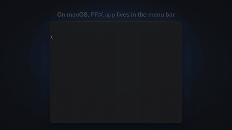 A 23-second screen recording of PRX.app. First its menu bar menu opens on the list of pull requests, grouped under Changes requested, In review, Ready for approval, Needs review and Reviewed. Then the app window: the Dashboard with the pull requests that need attention, the pull request list with one brief opened, and the History page with a review's findings and token usage