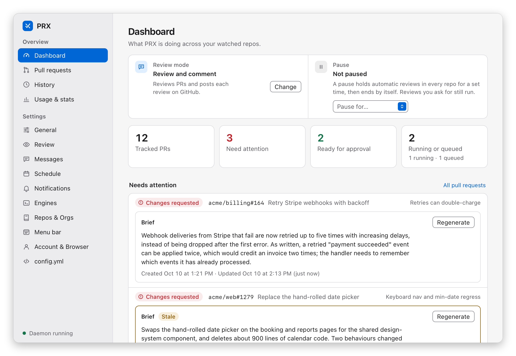 The PRX.app Dashboard: the review mode and pause controls, counts of tracked pull requests (12 tracked, 3 need attention, 2 ready for approval), and the pull requests with changes requested, each with its brief