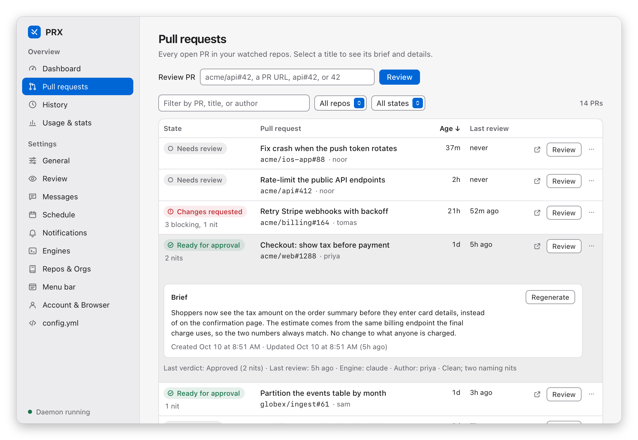 The Pull requests page: a table of pull requests with their state, age and last review; one row is open and shows its brief, the last verdict and the engine that reviewed it