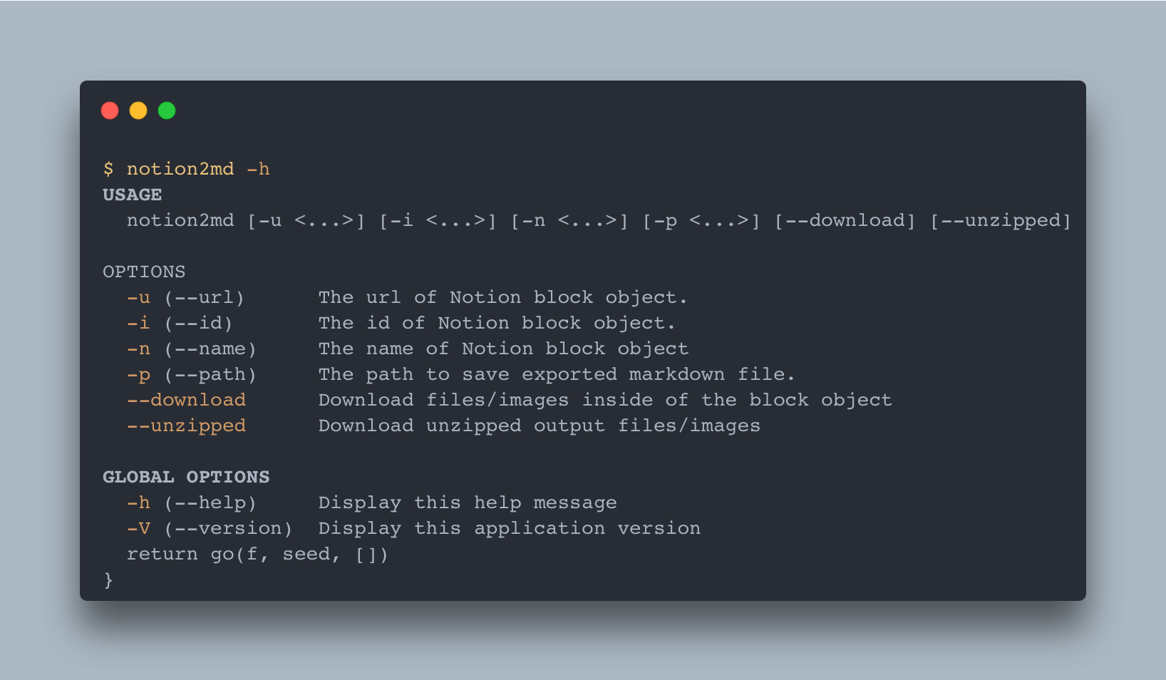 Terminal output of the notion2md -h command