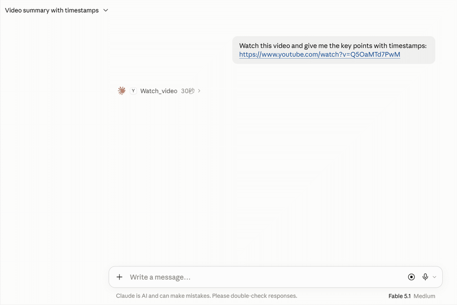 Claude Desktop: a YouTube link is pasted, the watch_video tool runs for about 40 seconds, and Claude answers with timestamped key points
