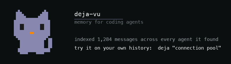 What deja prints after the first index: the mark, the agents it found, and a query taken from your own history