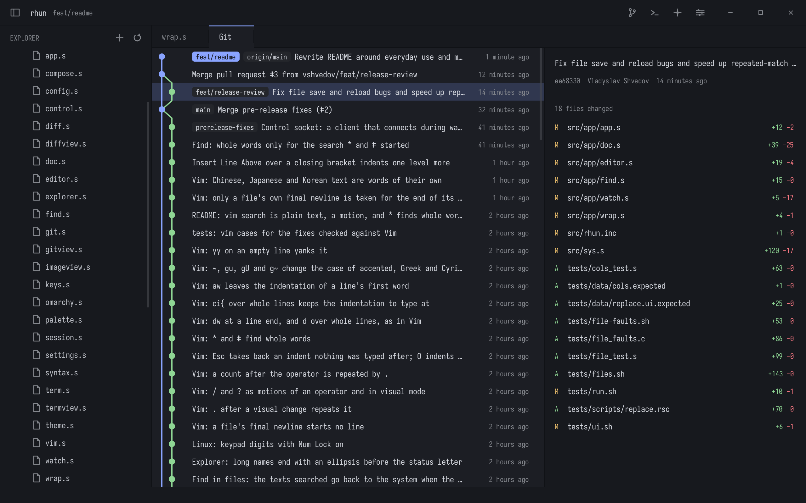 Git history and changed files in rhun