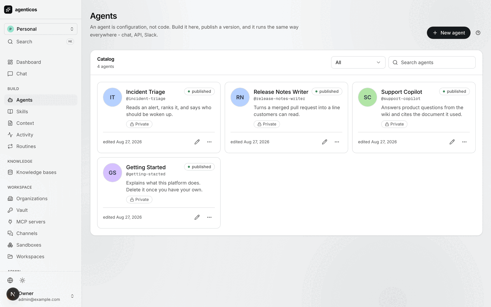 The agent catalog, four published agents with their slugs and visibility