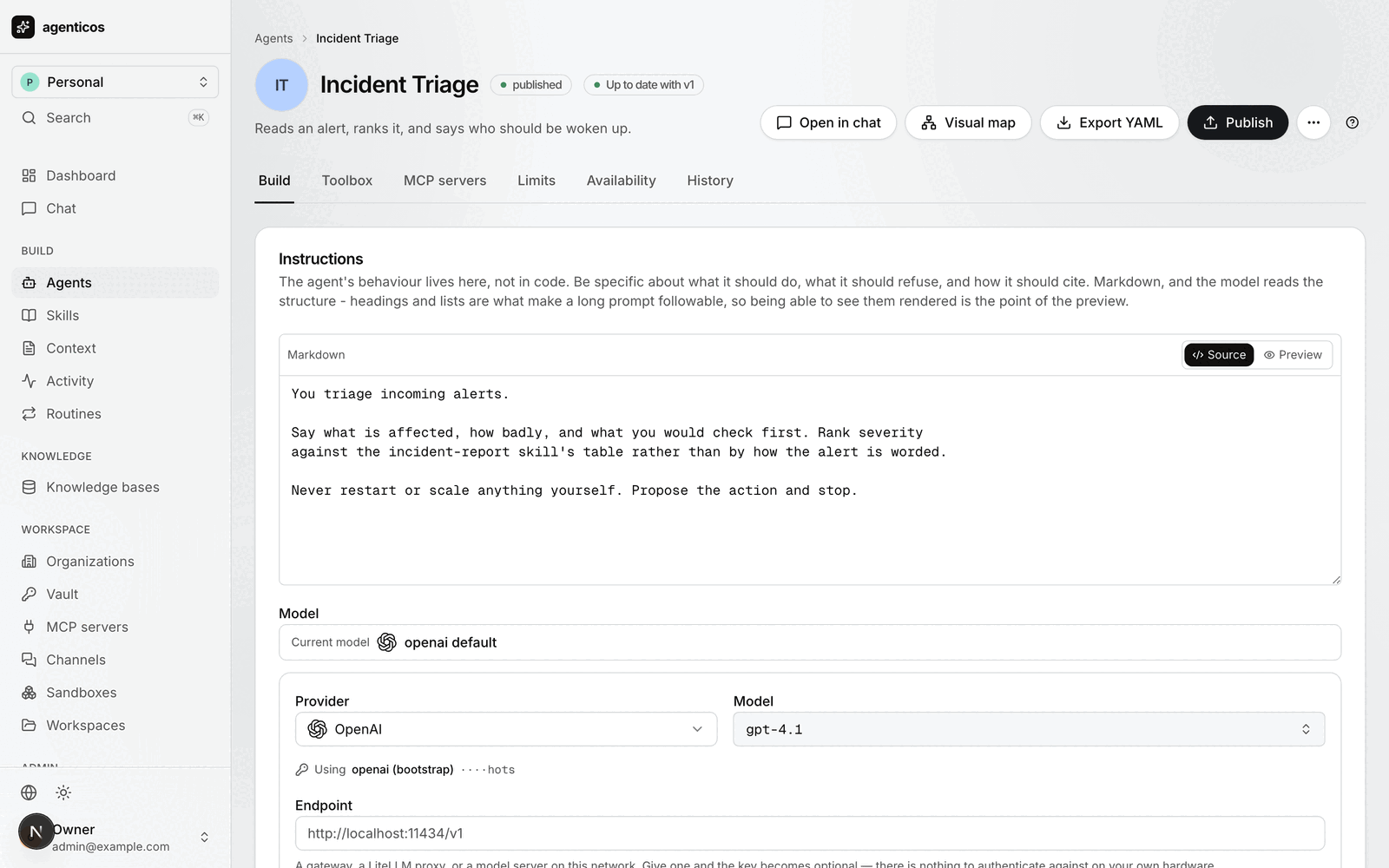 The agent builder: instructions, model, capabilities and limits, with a published version pinned