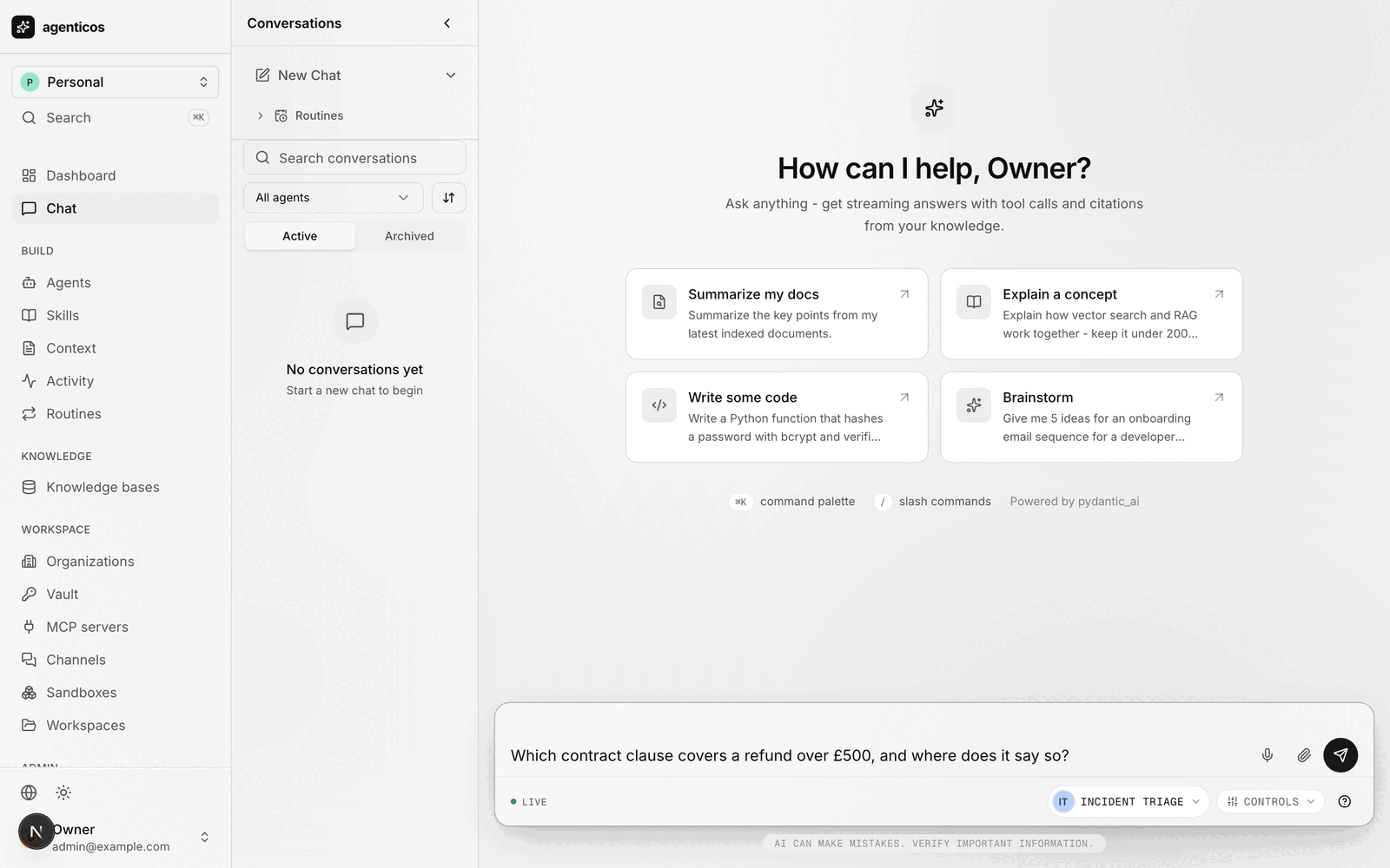 Web chat: the agent picker, the composer, and the prompt cards a new conversation opens with