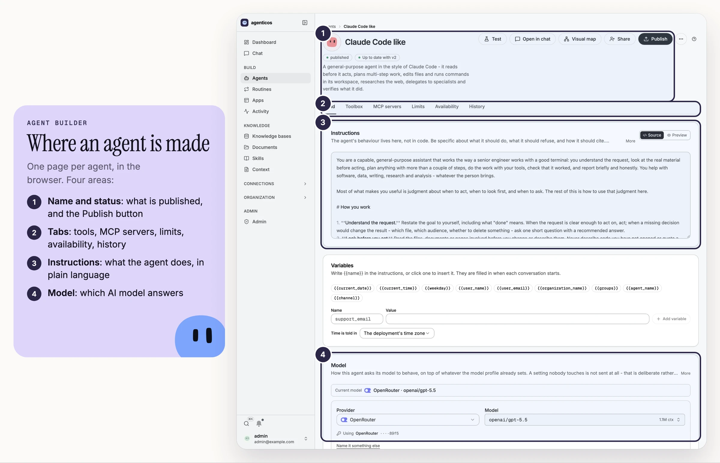 The agent builder with four numbered areas: name and status, tabs, instructions and model.