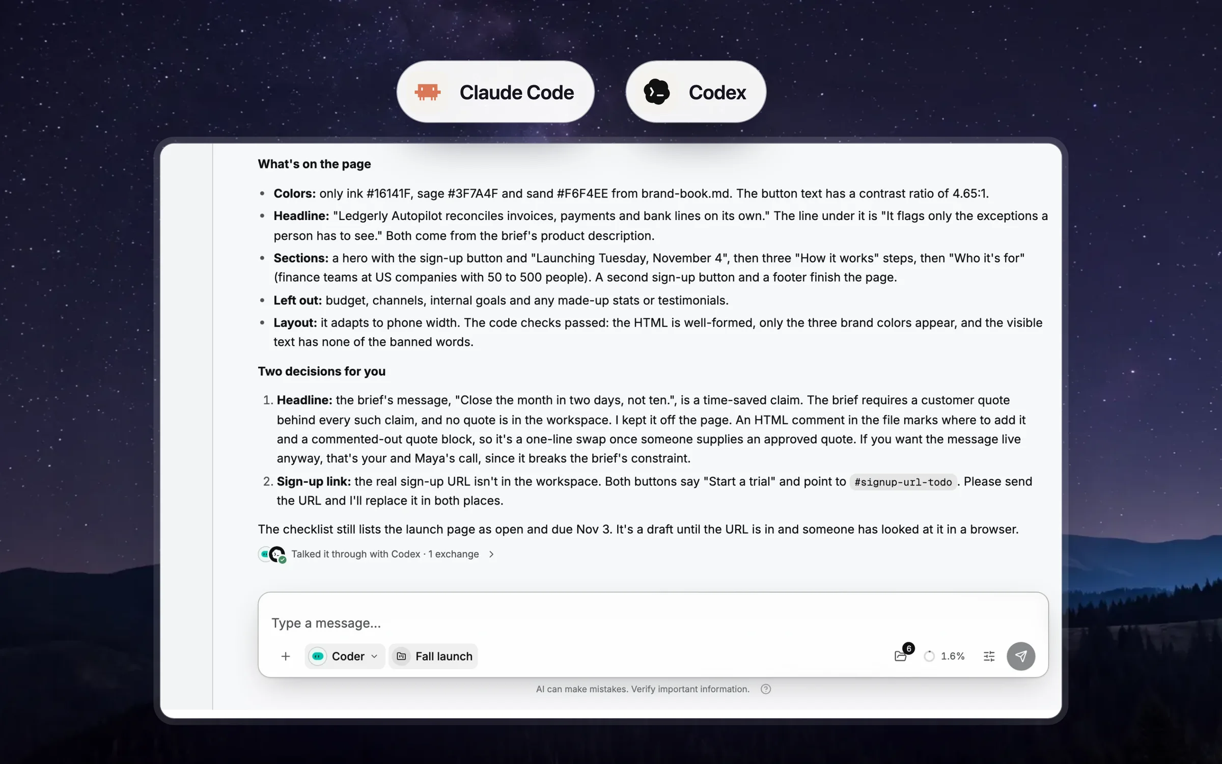 The Coder agent's answer after Codex built the launch page: the colours and headline it used, what it left out, the checks that passed and two decisions for the team