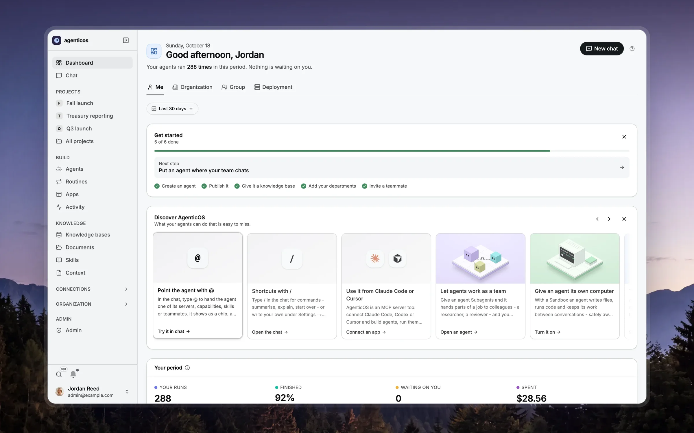 The Me tab of the dashboard: a greeting, a getting-started checklist, a carousel of features with isometric illustrations, and this period's runs, completion and spend