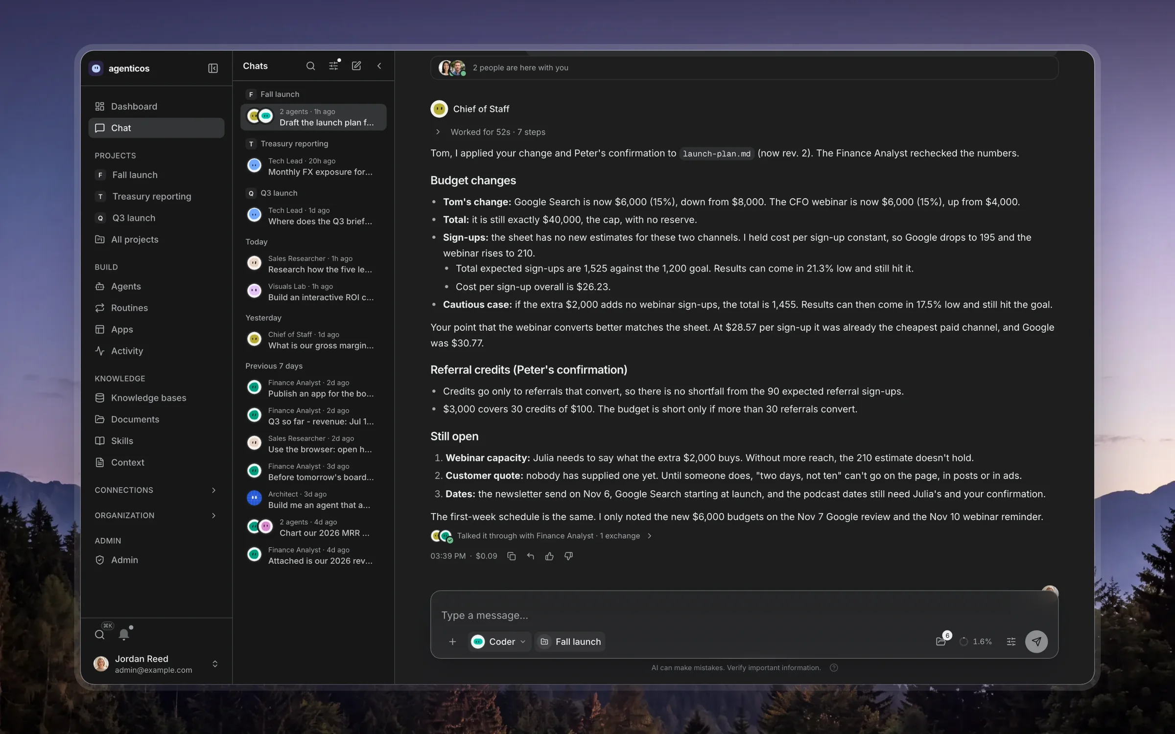 Dark mode, two people in a project chat: the Chief of Staff tells Tom it applied his budget change and Peter's confirmation to the launch plan, shows the new split and lists what is still open for the team.