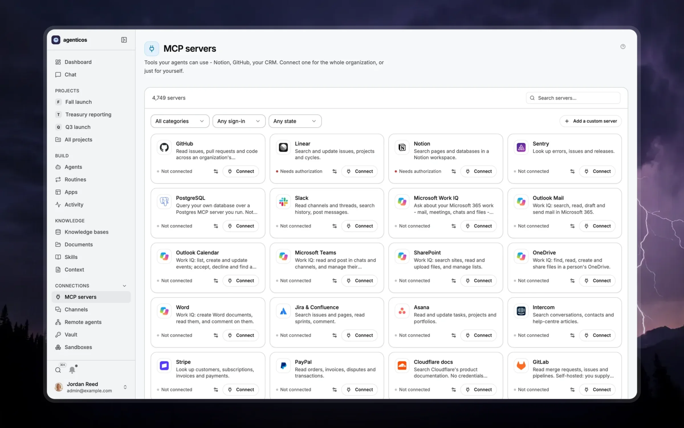 The MCP server gallery with connected servers and their sign-in method