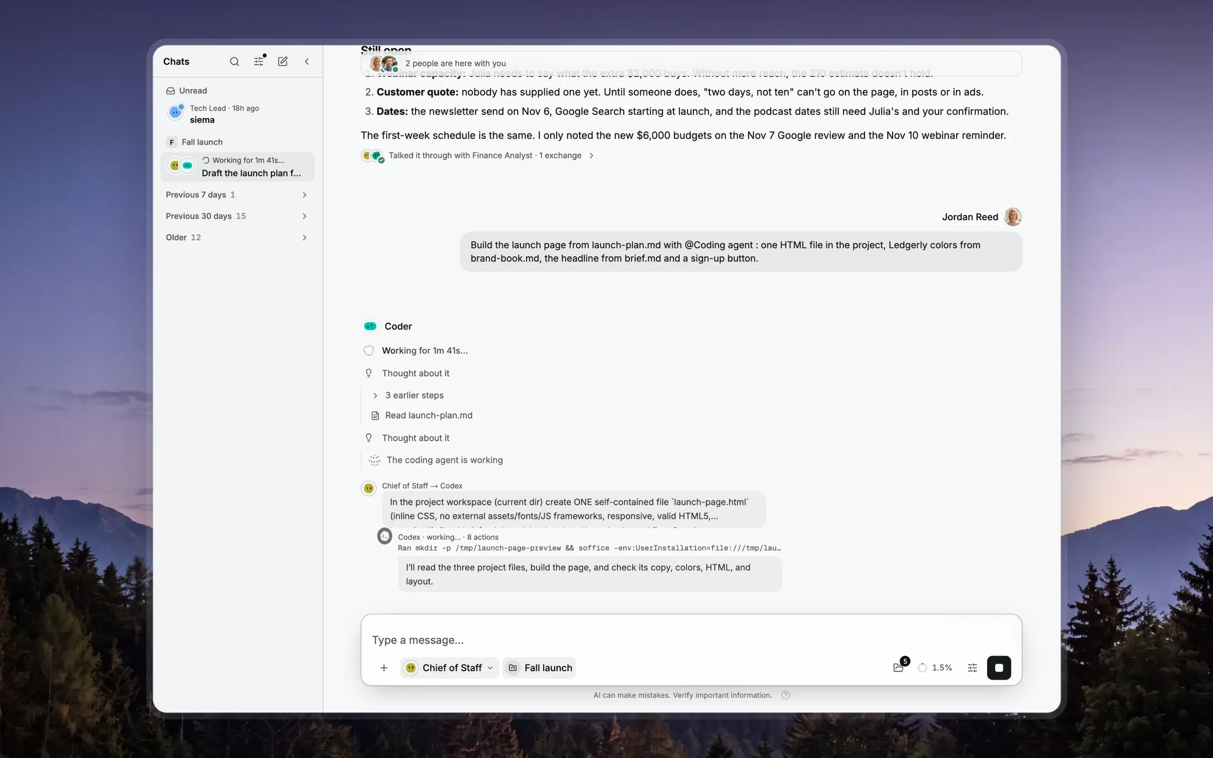 A project chat for the Fall launch: two people are in the room, Jordan Reed asks the Coder agent to build the launch page with the coding agent, and Codex's steps run under the answer