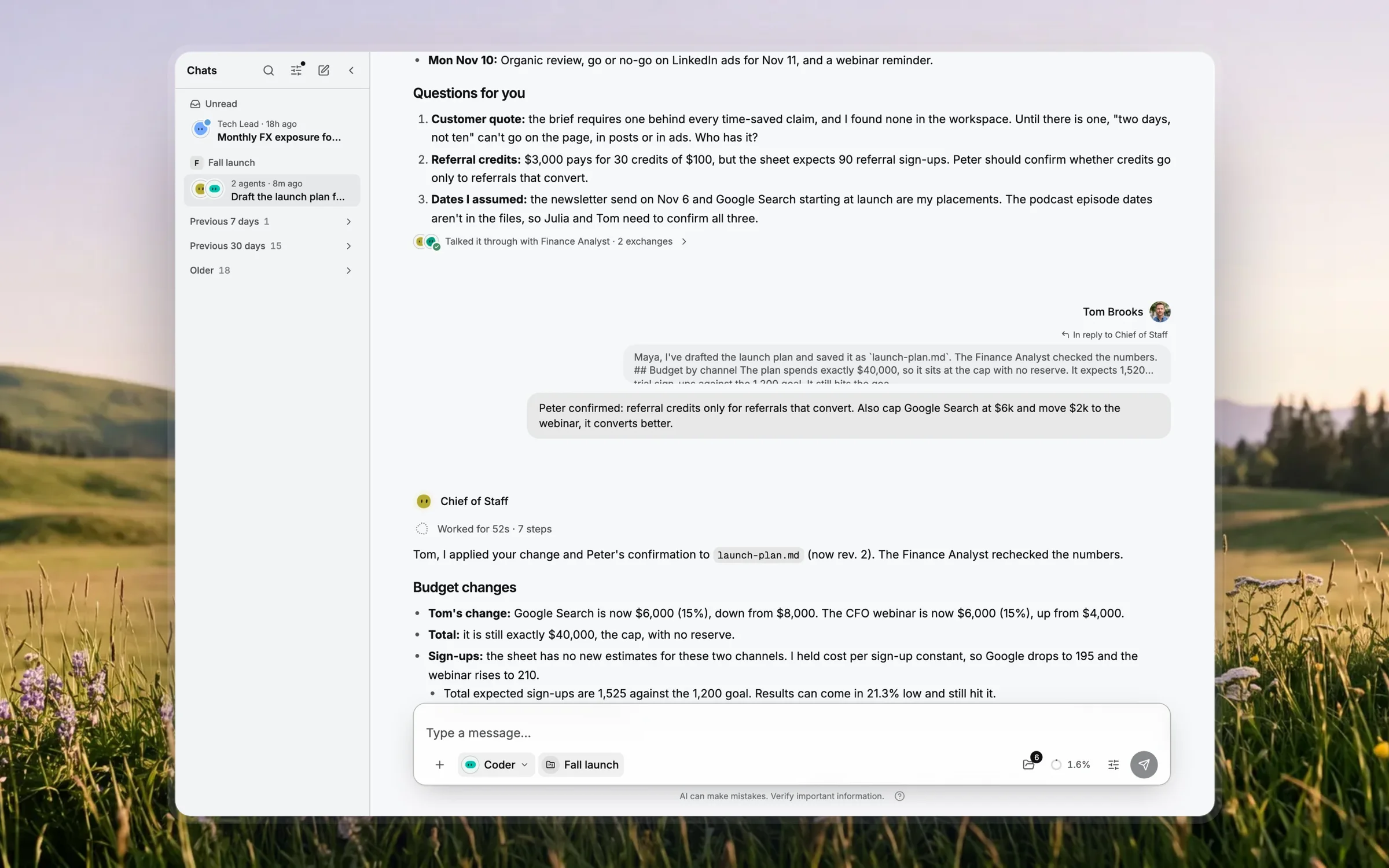 Tom Brooks replies to the Chief of Staff's launch plan with a budget change; the agent answers Tom, applies his change and Peter's confirmation, and the Finance Analyst rechecks the numbers