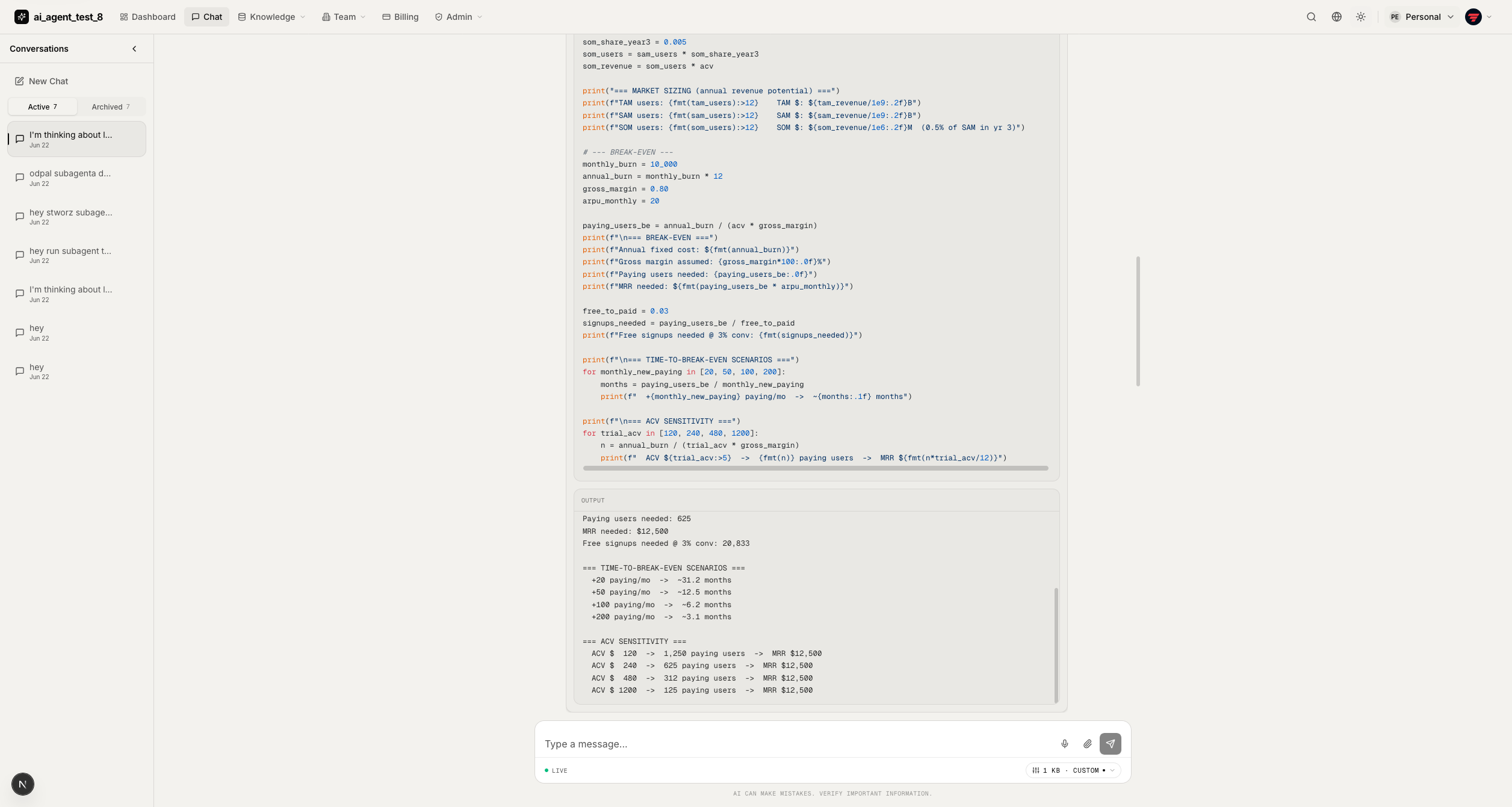 Chat Python code execution