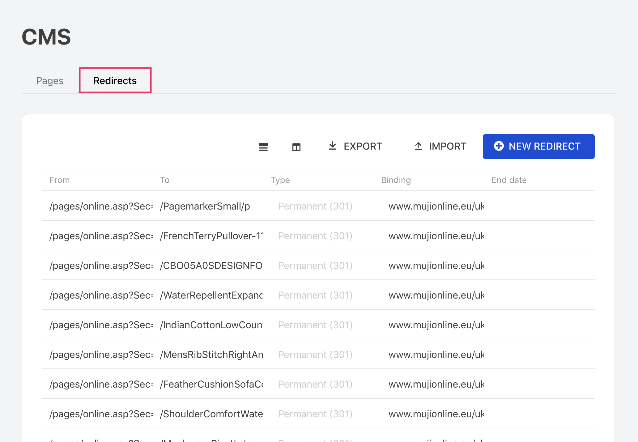 {"base64":" ","img":{"width":2064,"height":1430,"type":"png","mime":"image/png","wUnits":"px","hUnits":"px","length":275953,"url":"https://raw.githubusercontent.com/vtexdocs/help-center-content/refs/heads/main/docs/en/tutorials/storefront/pages/managing-redirects-per-binding_1.png"}}