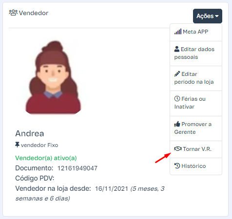 Tela com opção de tornar vendedor responsável