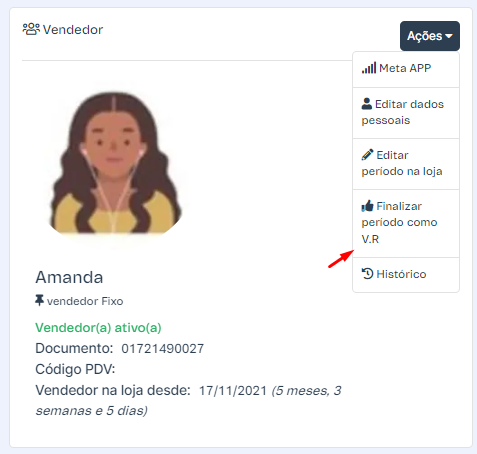 Tela com opção de finalizar período como VR