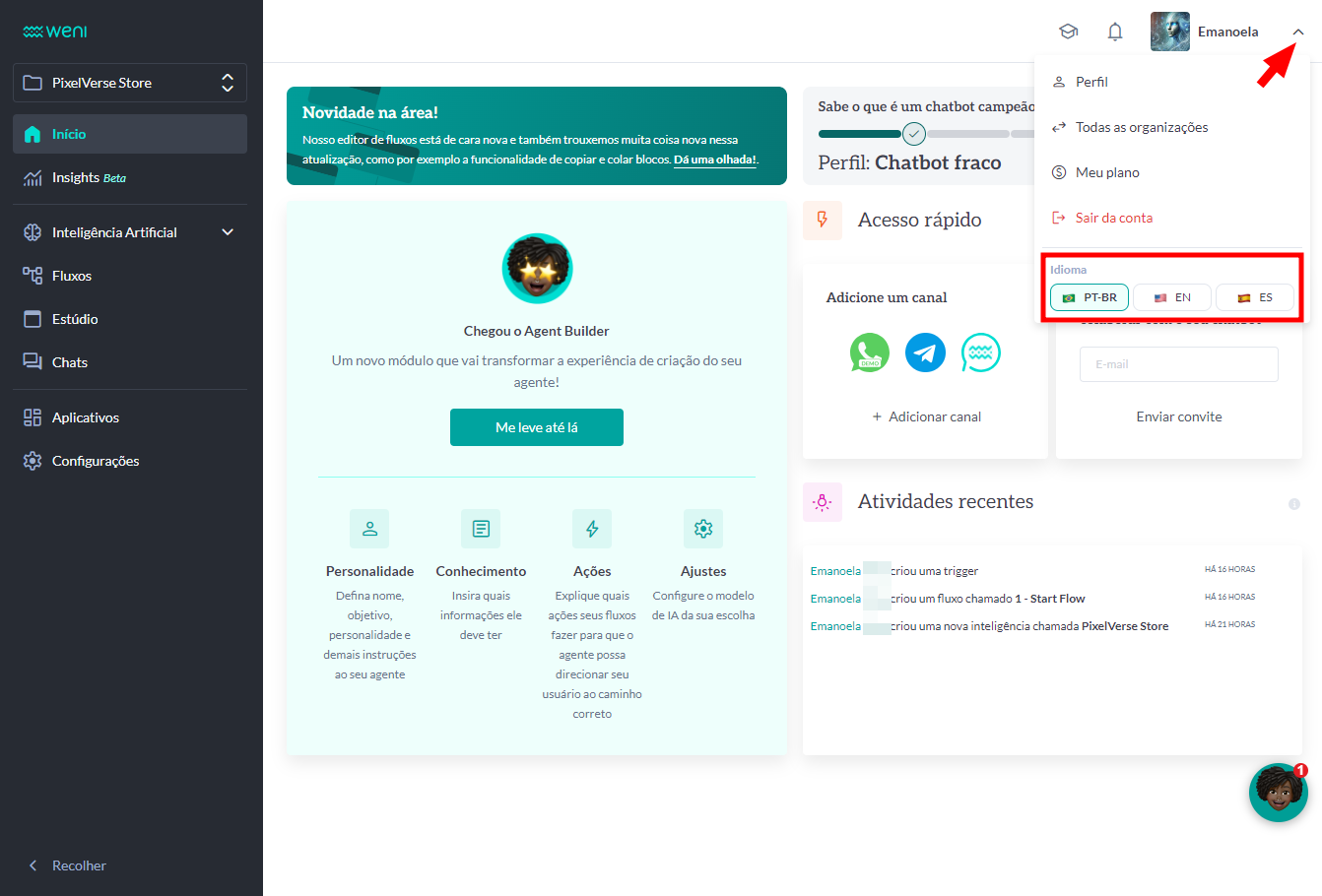 {"base64":"  ","img":{"width":1342,"height":910,"type":"png","mime":"image/png","wUnits":"px","hUnits":"px","length":167345,"url":"https://raw.githubusercontent.com/vtexdocs/help-center-content/refs/heads/main/docs/pt/tutorials/weni-by-vtex/vis%C3%A3o-geral-weni-by-vtex/alterando-o-idioma-da-plataforma_2.png"}}